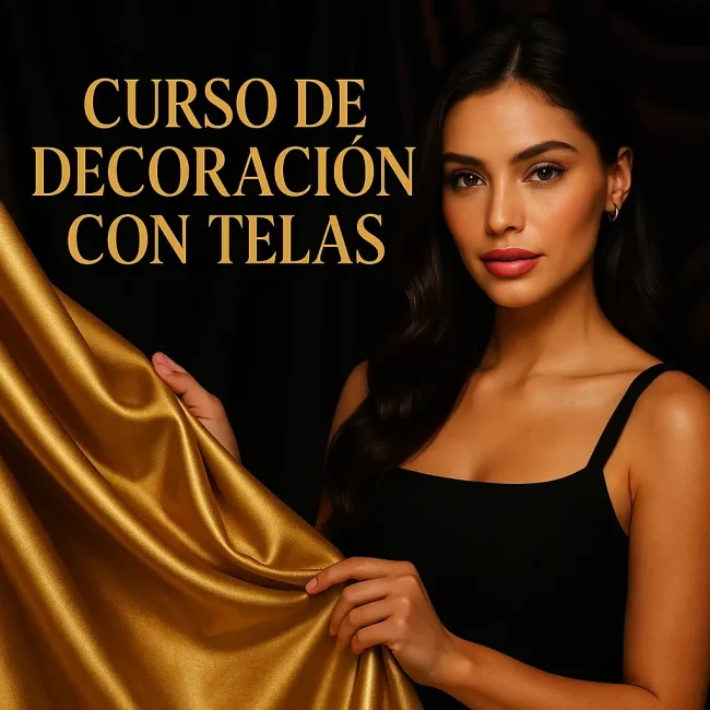 Imagen cuadrada premium con modelo elegante sosteniendo tela dorada y título “Curso de Decoración con Telas”.