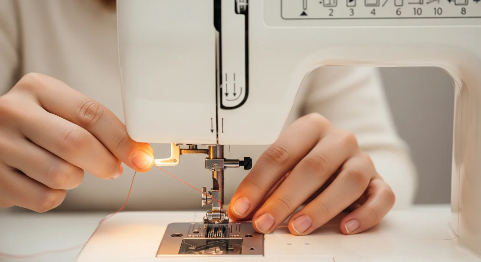 Manos enhebrando cuidadosamente el hilo superior a través de las guías de una máquina de coser.