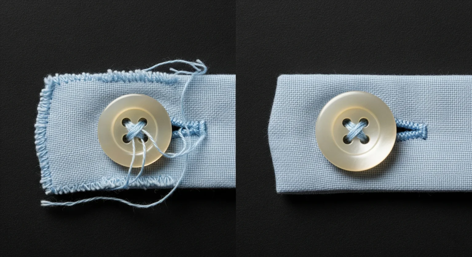 Comparativa de un ojal y botón mal hechos, con puntadas irregulares y corte deshilachado, versus un ojal y botón cosidos profesionalmente con precisión.
