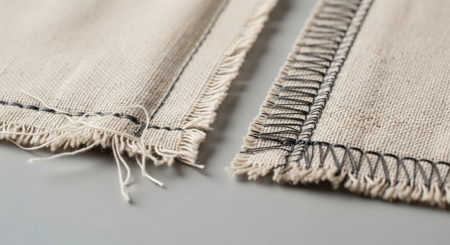 Comparativa de un margen de costura interno deshilachado en tela de lino versus un margen con un acabado profesional (ej. costura francesa o remallado).