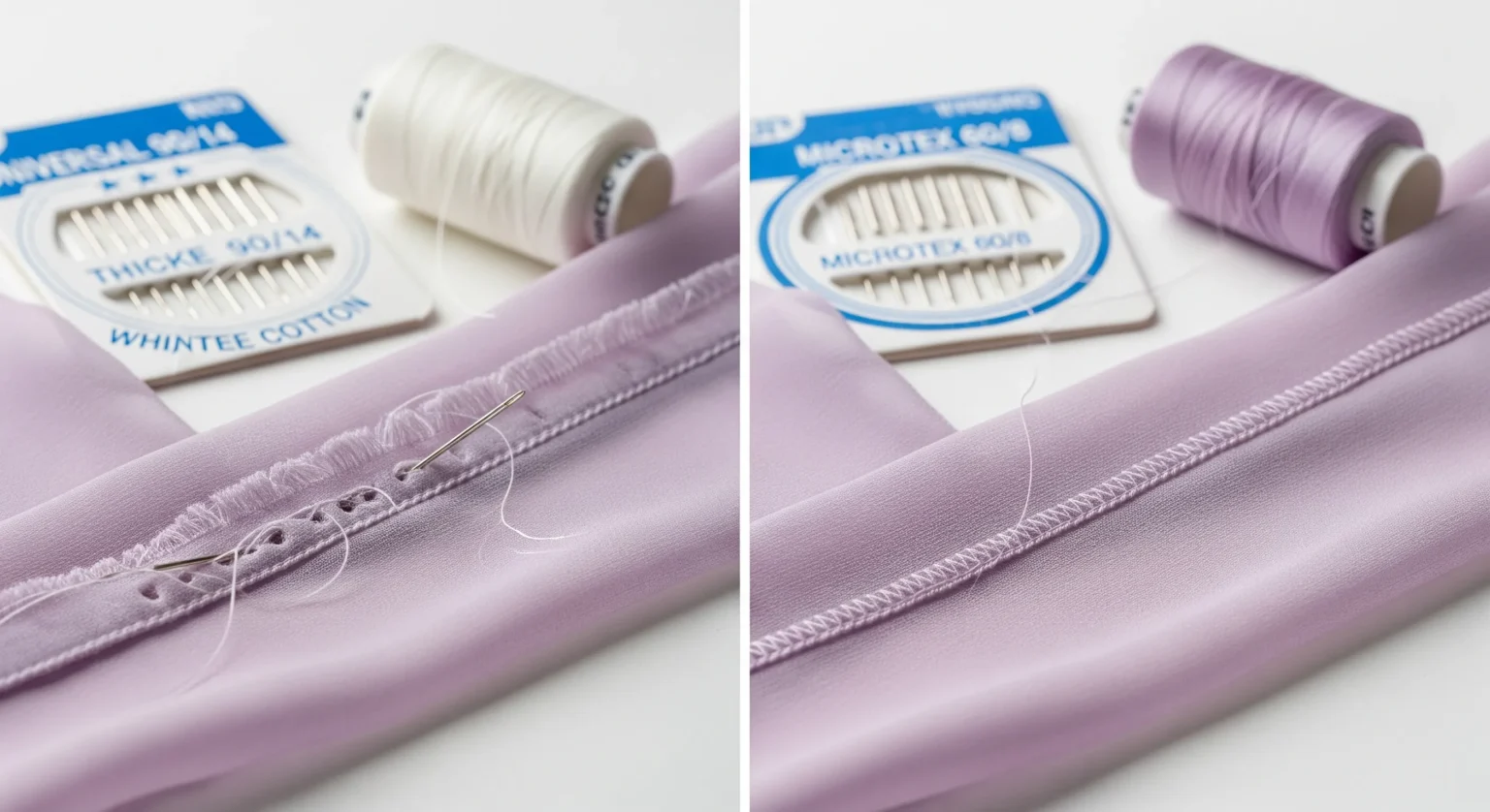 Comparación: tela de chiffon dañada por aguja e hilo incorrectos versus la misma tela cosida impecablemente con los insumos adecuados.