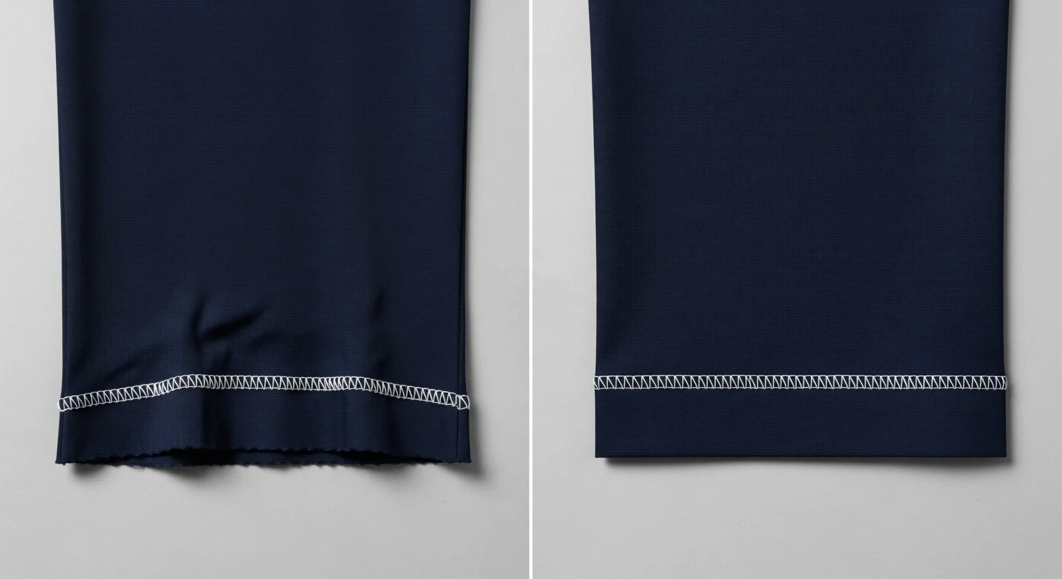 Comparación de un dobladillo de tela mal hecho, torcido y desigual, con un dobladillo perfectamente recto, uniforme y cosido con precisión.