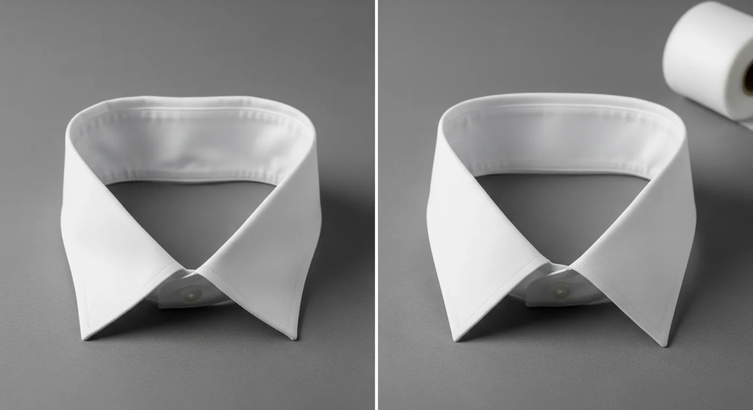 Comparación de un cuello de camisa sin forma y arrugado (sin entretela o con entretela incorrecta) versus un cuello idéntico con la entretela adecuada, luciendo firme y profesional.