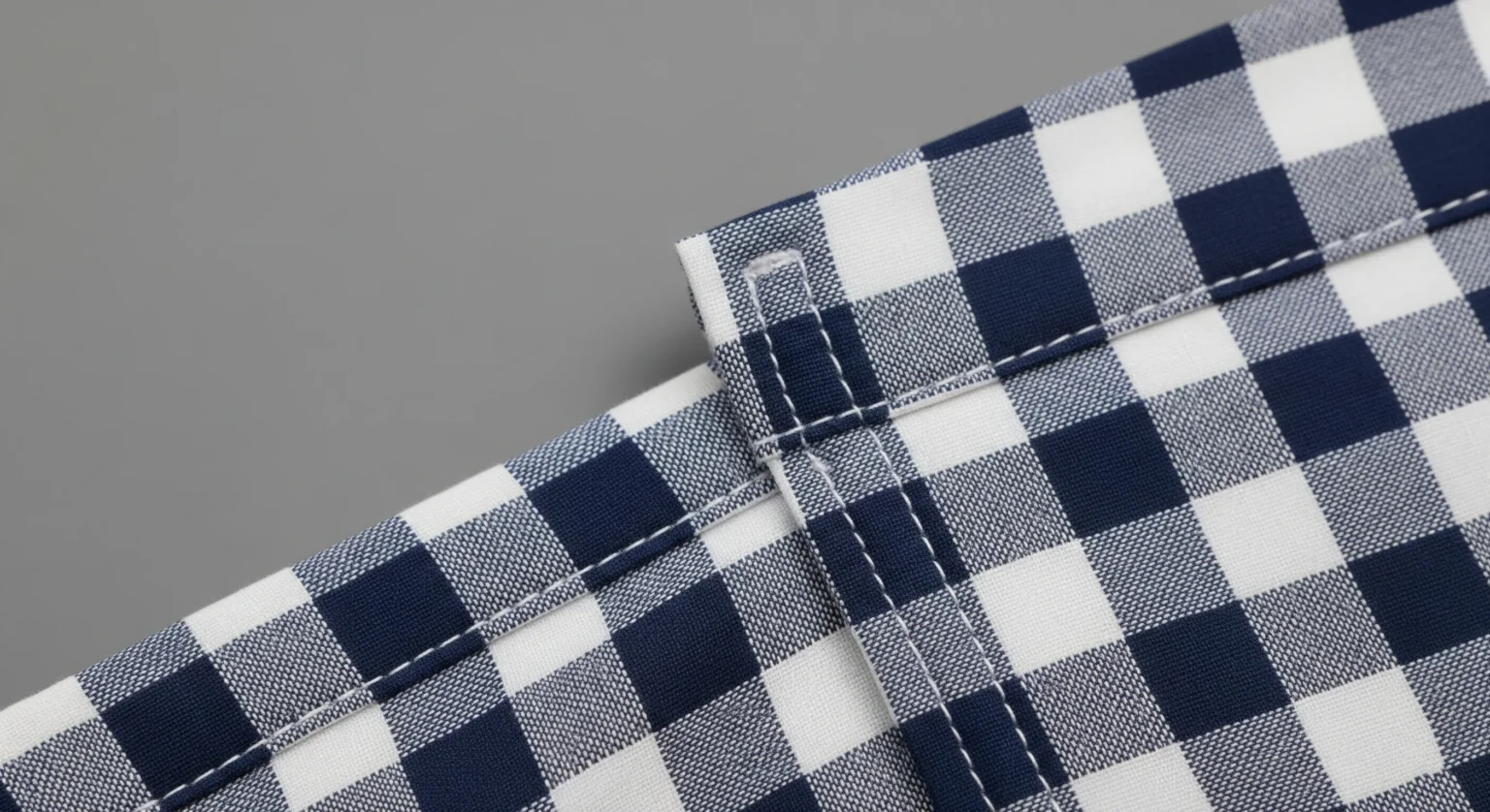 Detalle de una costura en tela de cuadros Vichy donde las líneas del estampado están visiblemente desalineadas y no casan.