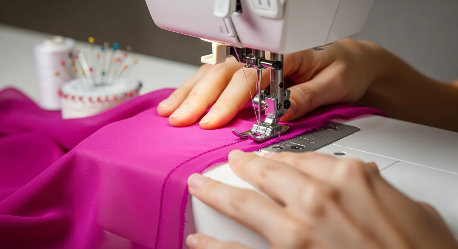 Máquina de coser atascándose y dañando una tela de seda o chiffon fina y escurridiza debido a un mal manejo y herramientas incorrectas.