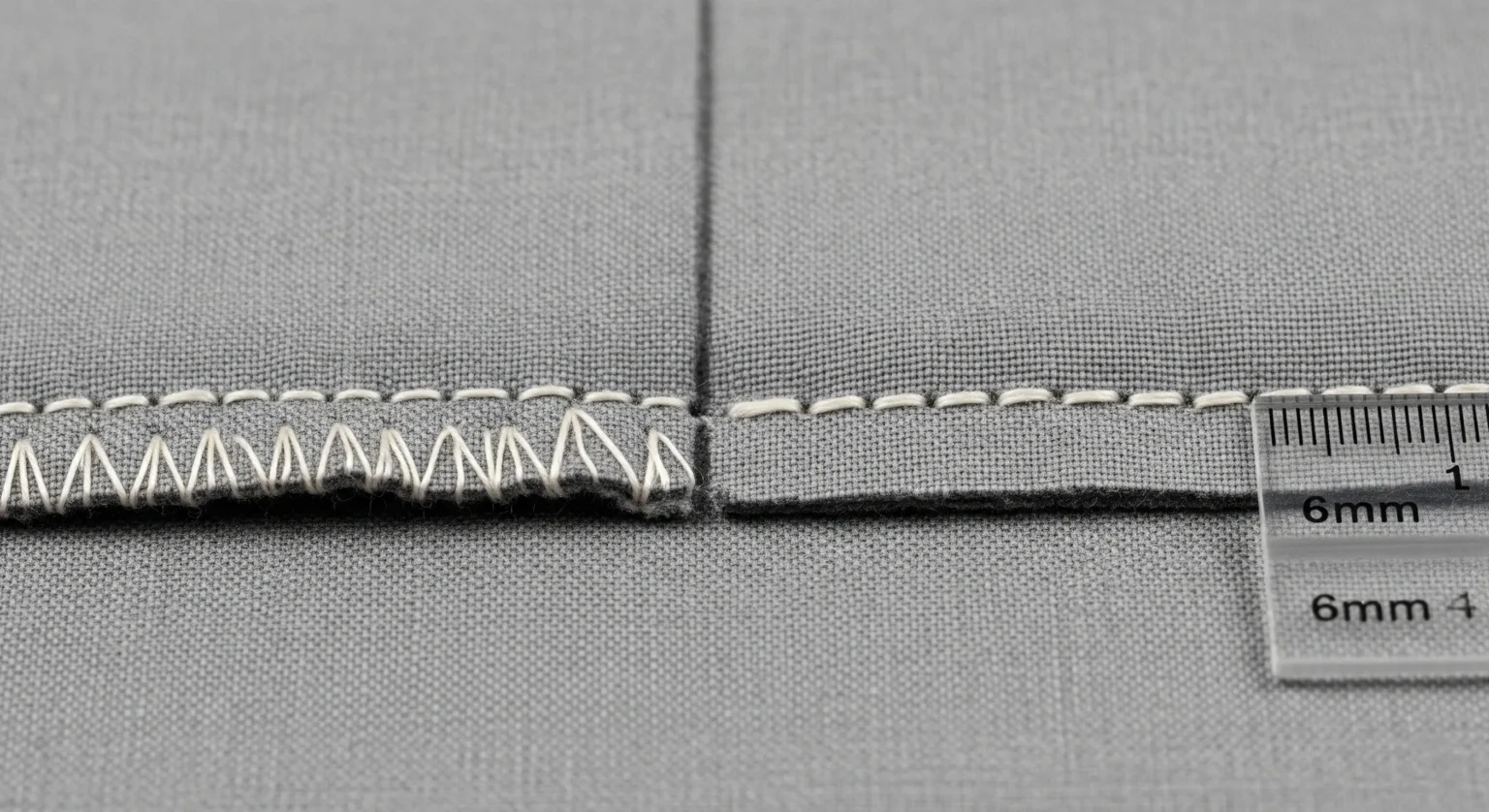 Comparación macro de una costura con márgenes desiguales y torcidos frente a una costura con márgenes perfectamente uniformes y rectos.