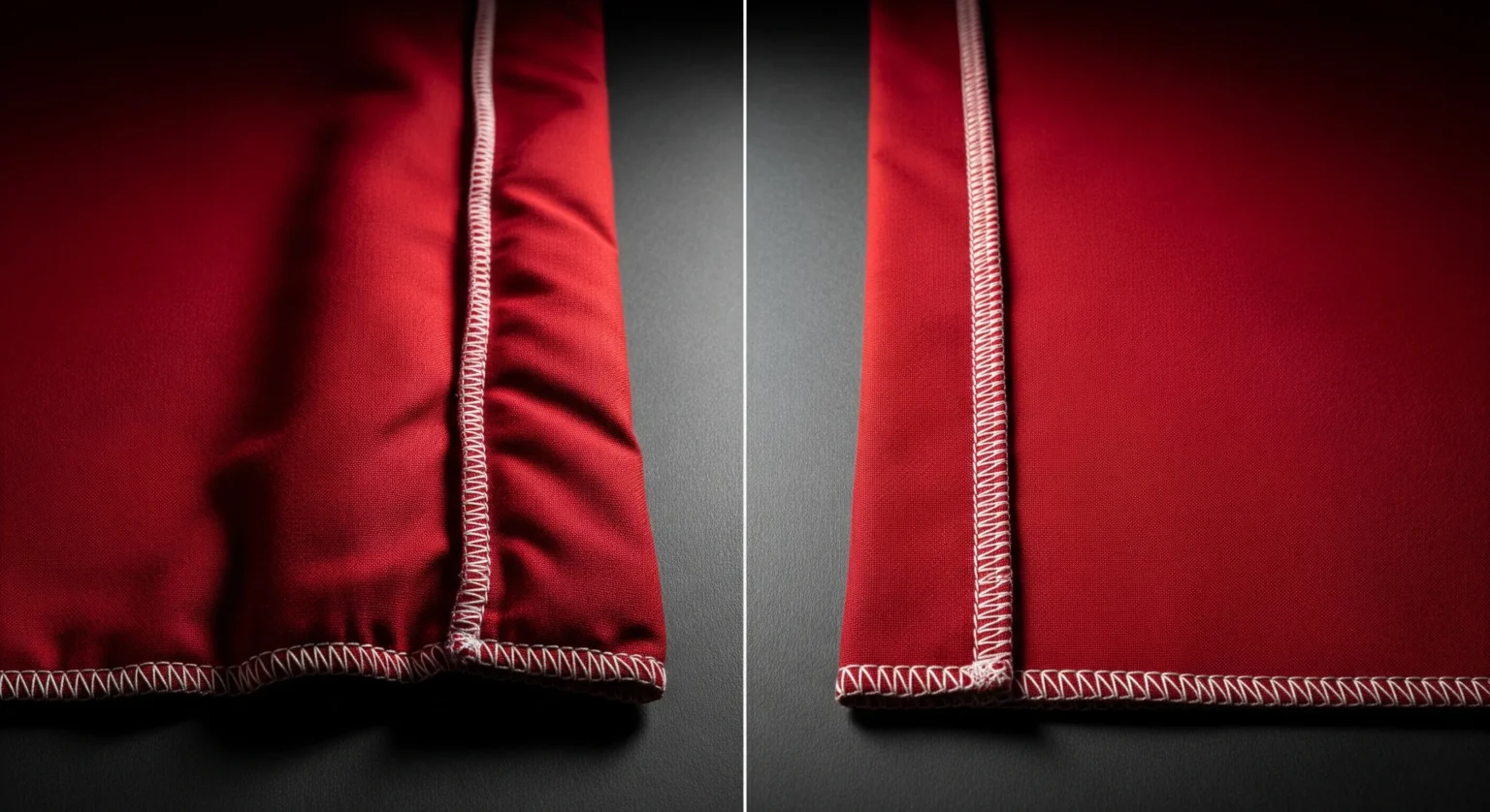 Comparación visual de una costura de tela sin planchar (abultada y arrugada) versus una costura idéntica perfectamente planchada y asentada.