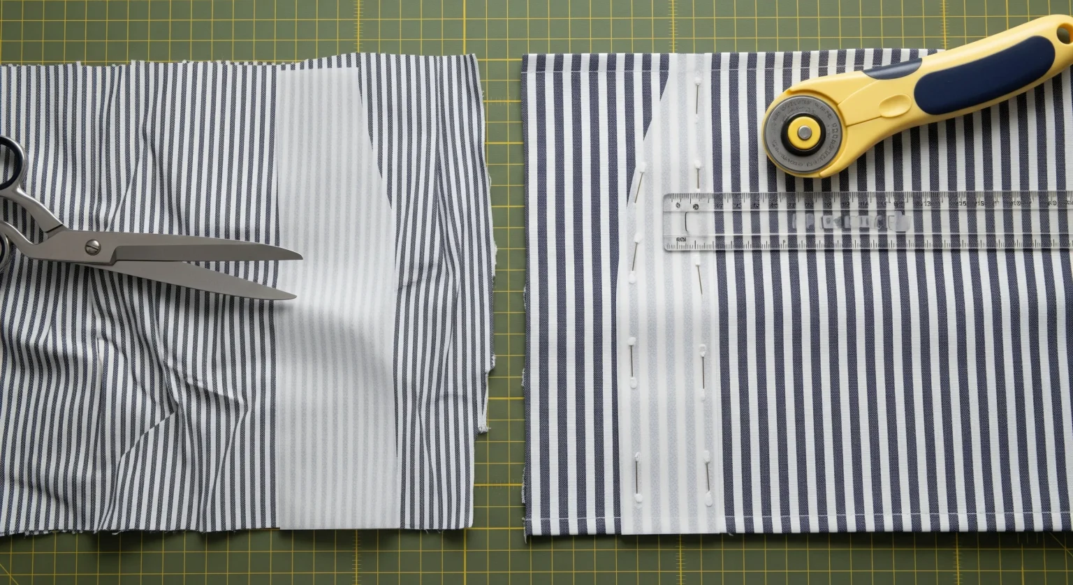 Comparación visual: tela de algodón arrugada y mal alineada para cortar versus tela planchada y perfectamente preparada con patrón.