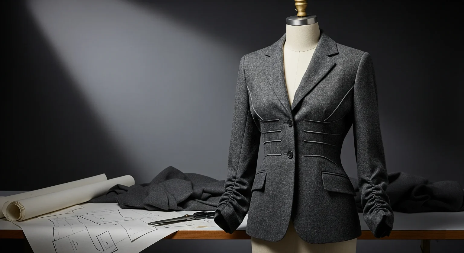 Blazer o vestido complejo con evidentes problemas de ajuste sobre un maniquí, resultado de no haber confeccionado una prenda de prueba (toile), un error de costura común.