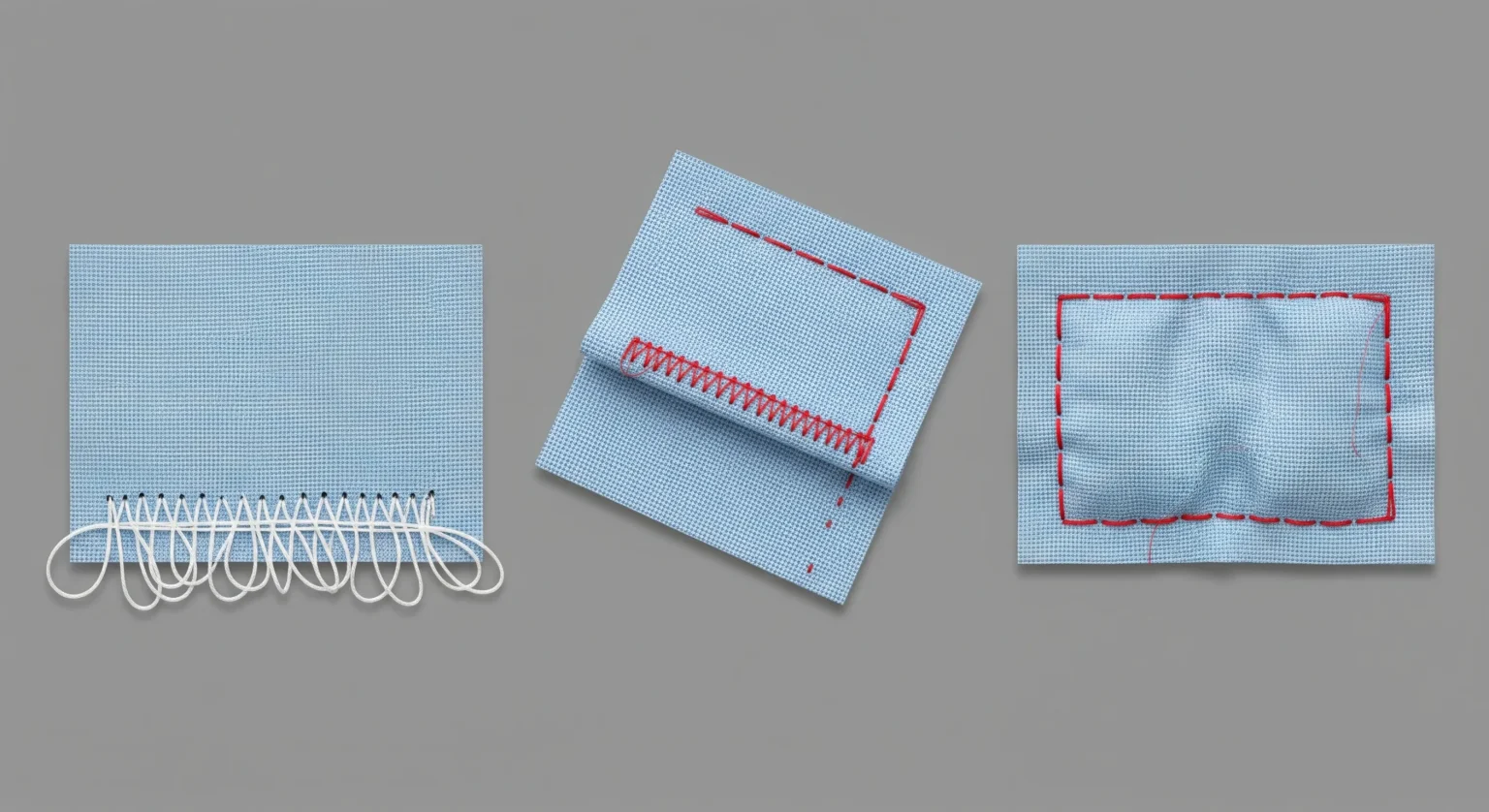 Comparativa de tres muestras de costura mostrando tensión de hilo superior floja (bucles visibles en el revés), tensión perfecta y tensión superior apretada (hilo de canilla visible en el derecho).
