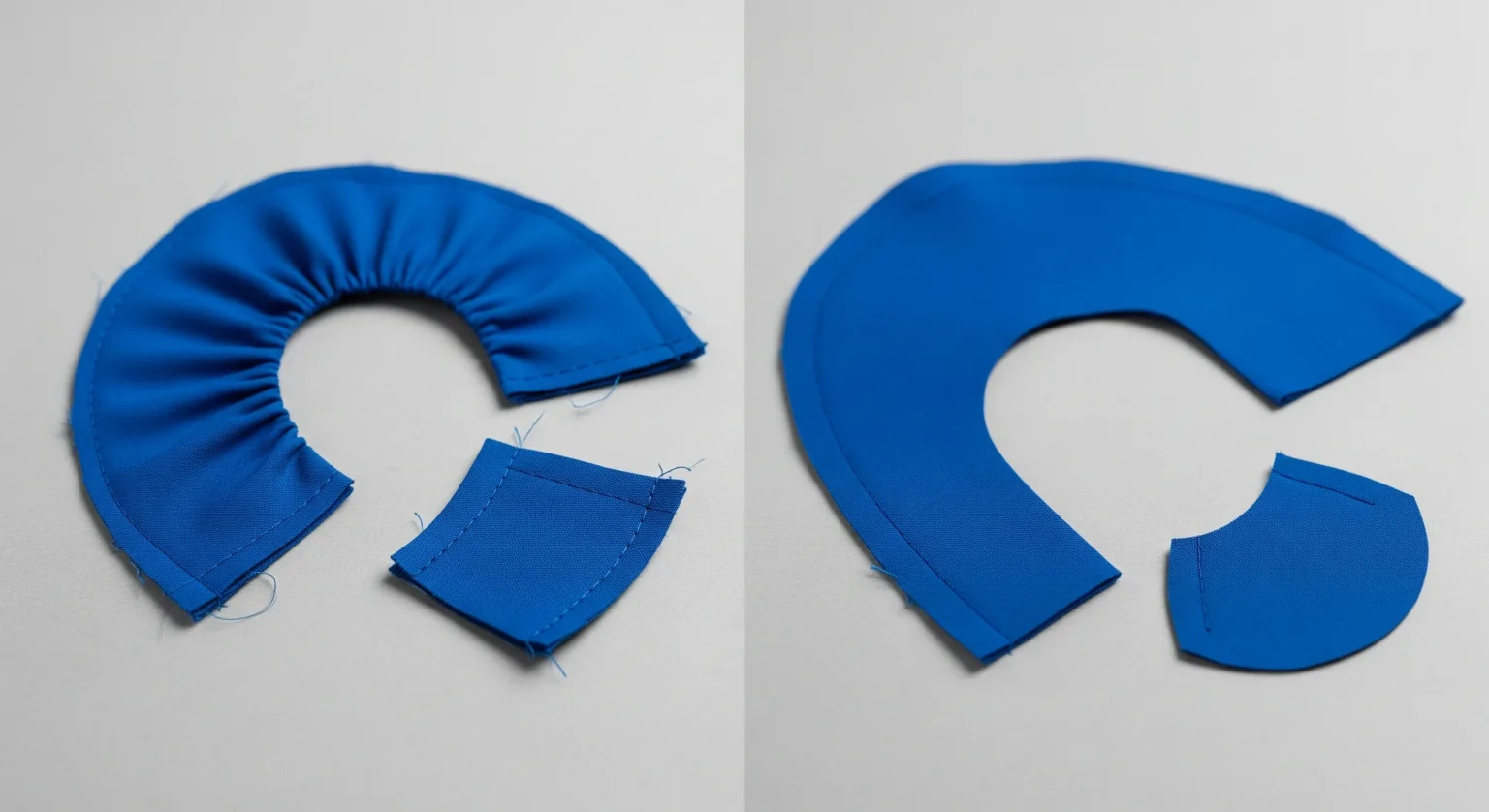 Comparación de curvas y esquinas cosidas: una con márgenes sin tratar (abultada) y otra con márgenes recortados y con piquetes (plana y nítida).