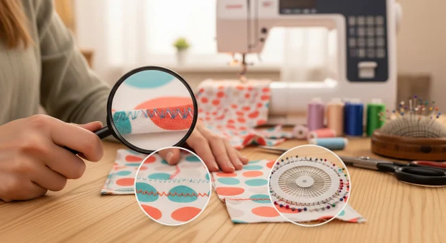 Mano con lupa examinando errores de costura comunes en una tela, con un ejemplo de costura perfecta al lado.