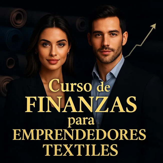 Imagen destacada cuadrada del Curso de Finanzas para Emprendedores Textiles con modelos atractivos y tipografía dorada