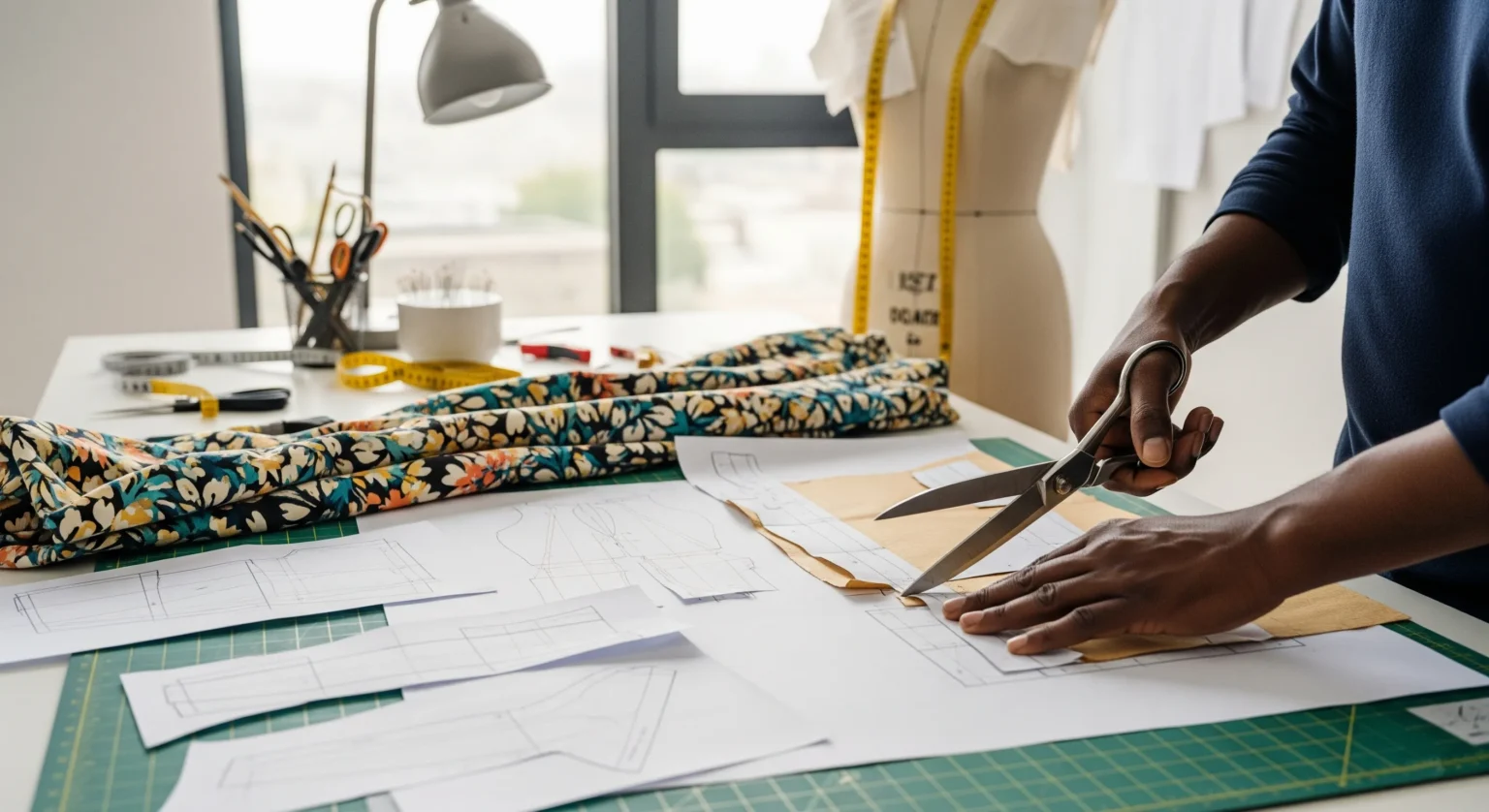 Proceso de desarrollo de producto de moda: boceto, patrón de papel y manos cortando o cosiendo tela.
