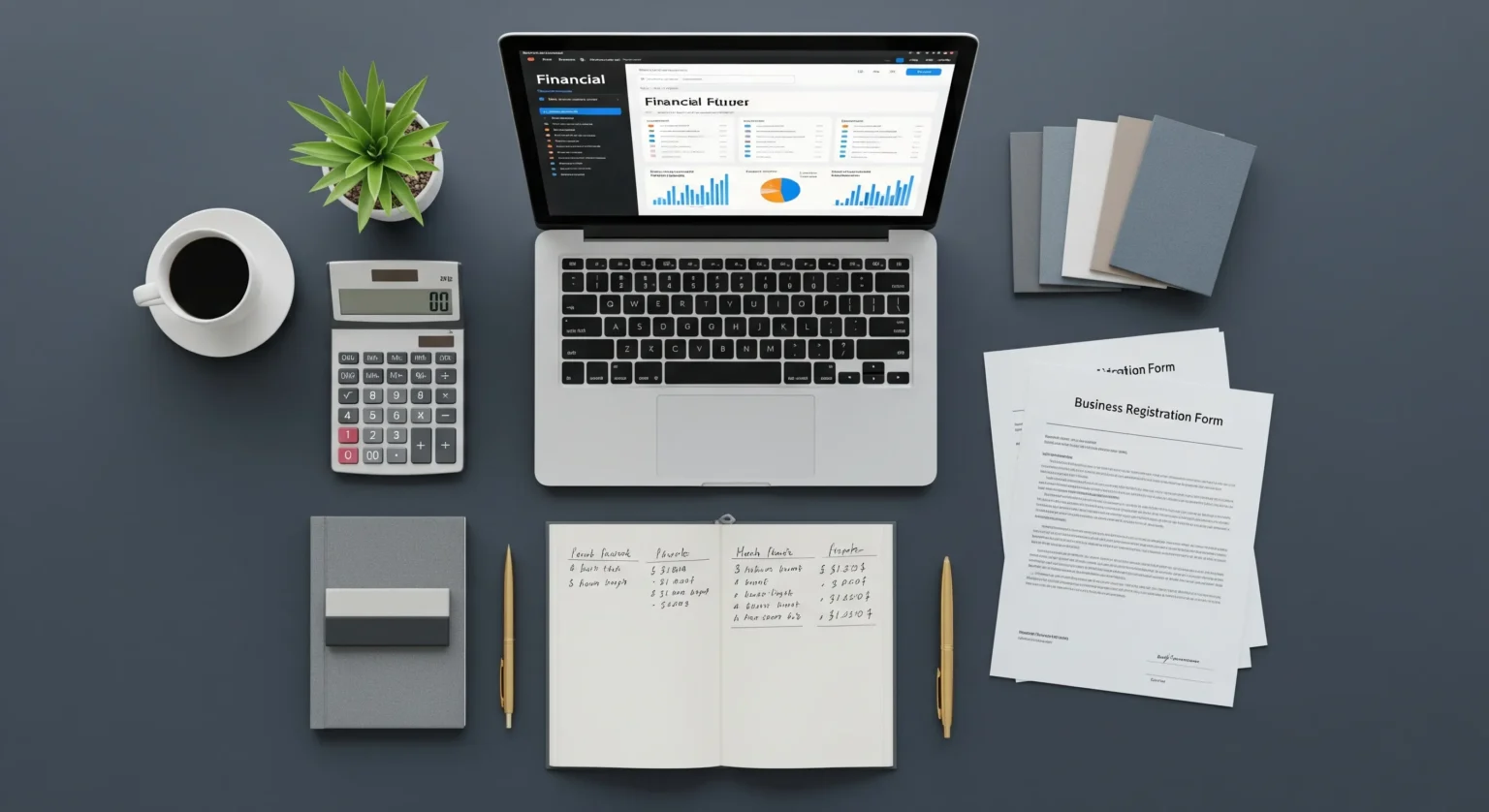 Escritorio con laptop mostrando un software financiero, calculadora y documentos, representando la gestión financiera y legal de un negocio de ropa.