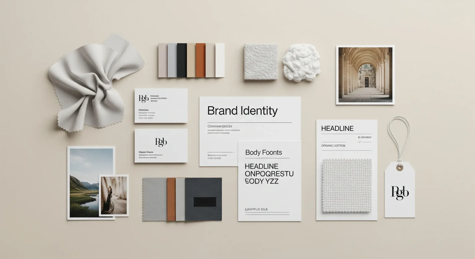 Composición de elementos de identidad de marca para un negocio de ropa: logo, paleta de colores, tipografía y muestras de tela.