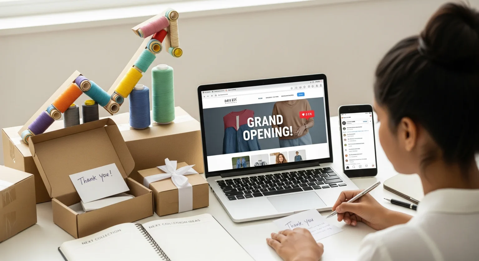 Laptop mostrando una tienda online de ropa recién lanzada y paquetes listos para envío, simbolizando el crecimiento de un negocio de moda.