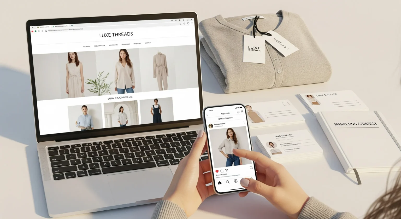 Laptop mostrando una tienda online de ropa y un smartphone con redes sociales, simbolizando los canales de venta y marketing.