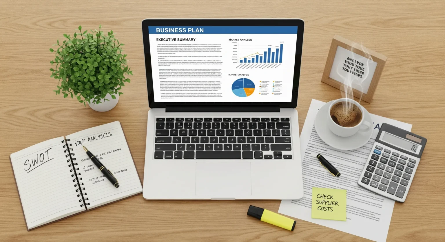 Escritorio con laptop mostrando un plan de negocio para una marca de ropa, junto a cuadernos y calculadora.