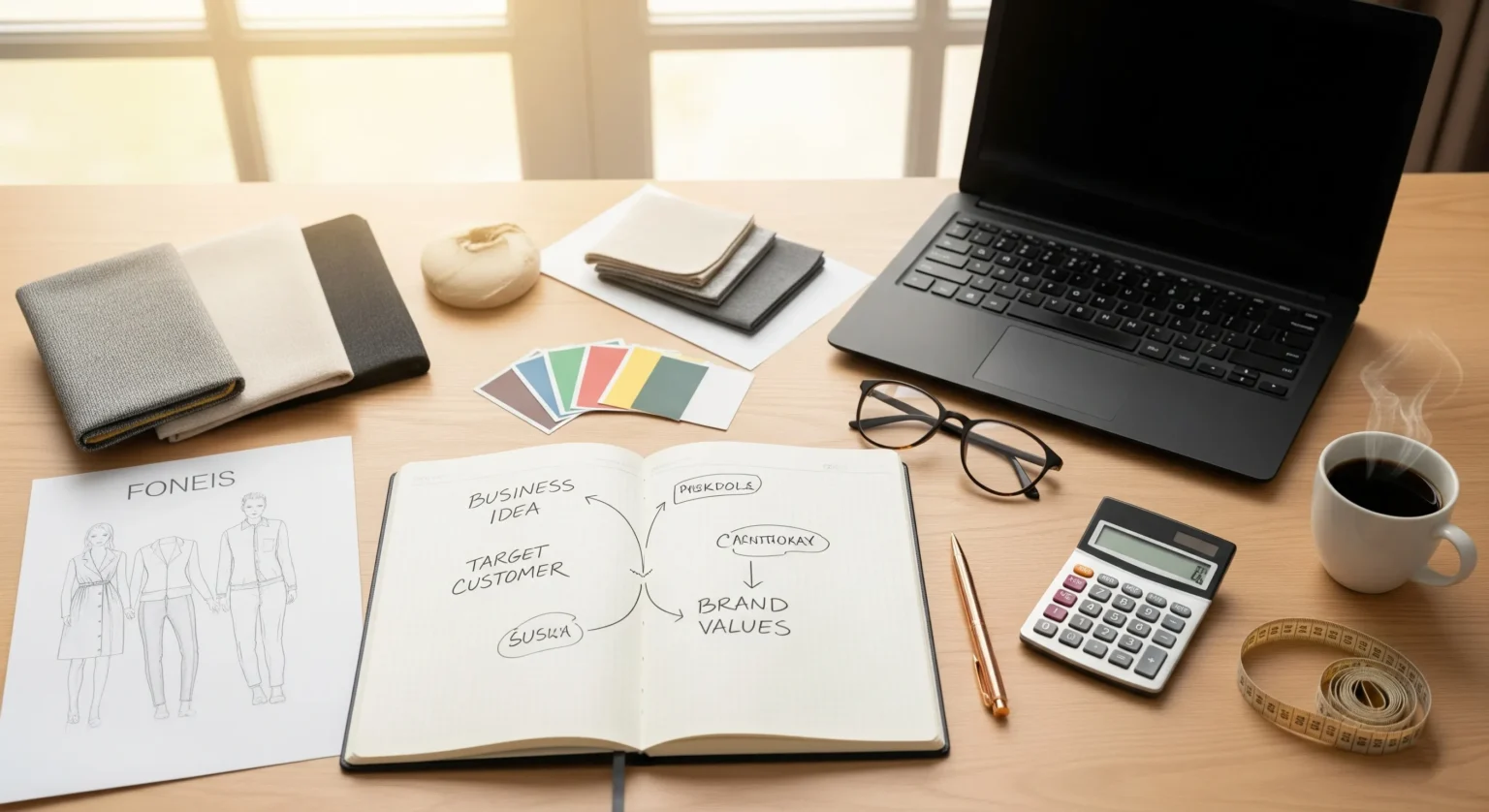 Escritorio de trabajo con cuaderno de planificación, muestras de tela, laptop y herramientas, simbolizando la planificación para iniciar un negocio de ropa.