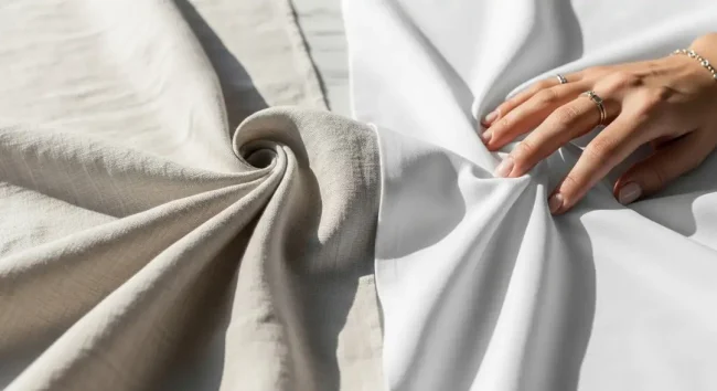 Comparación detallada de la textura de una tela de lino natural y una tela de algodón suave, destacando sus diferencias visuales.