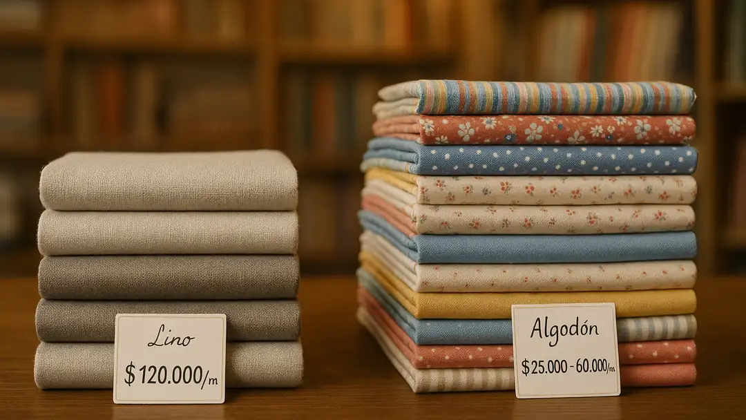 Comparación visual del costo y la variedad de telas de lino frente a telas de algodón, un factor en Lino vs Algodón.