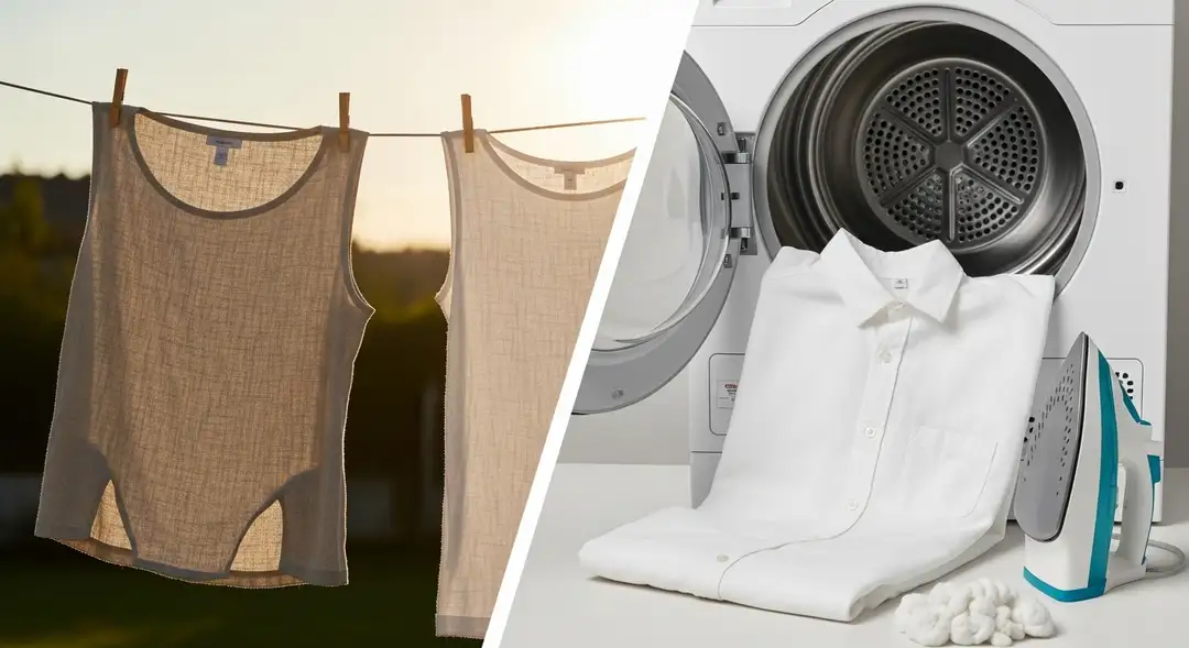Comparación de los métodos de cuidado para lino (secado al aire) y algodón (secadora/plancha), relevante en Lino vs Algodón.