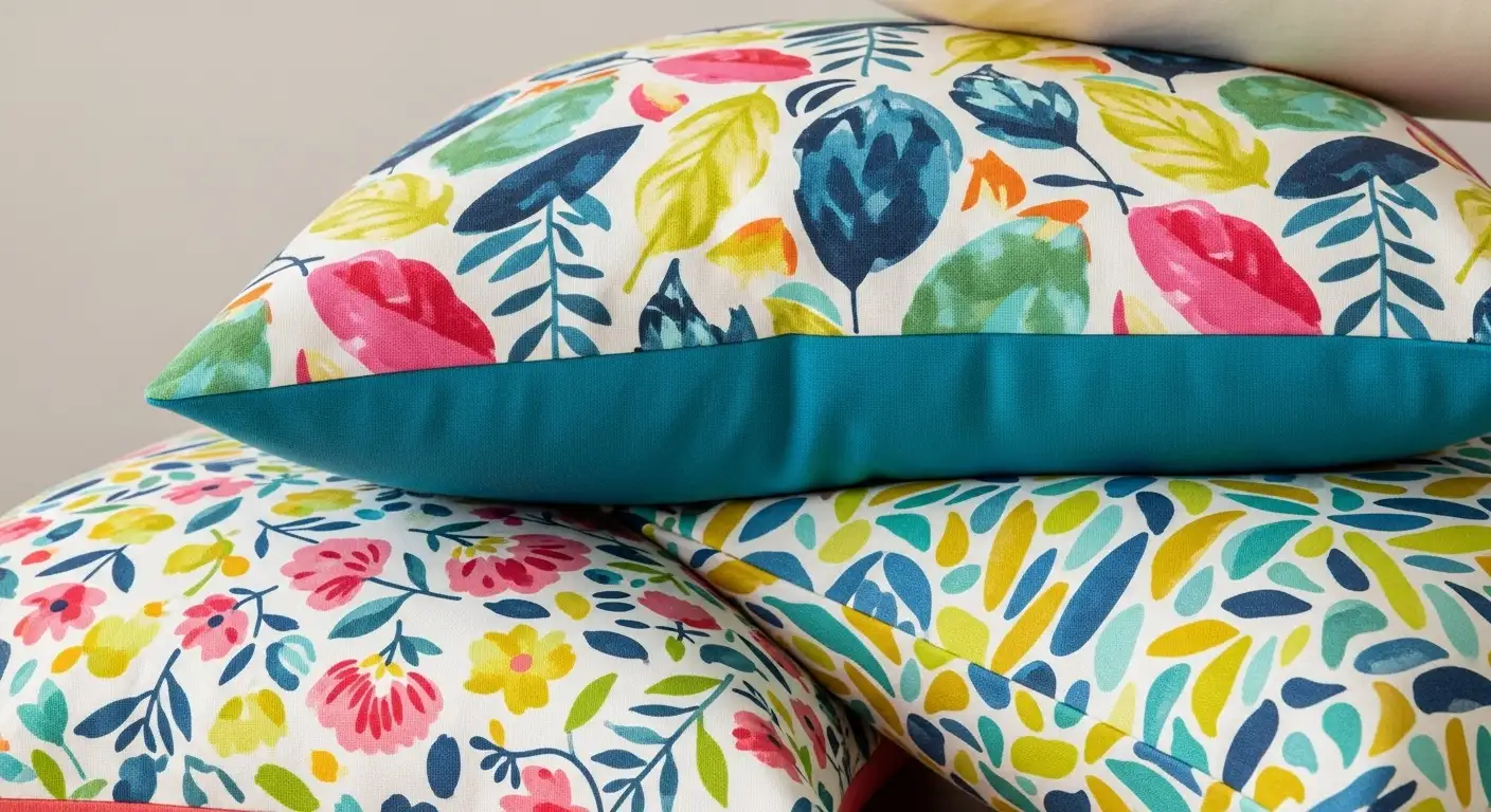 Cojines decorativos de algodón con diversos estampados y colores, mostrando la versatilidad de esta tela.