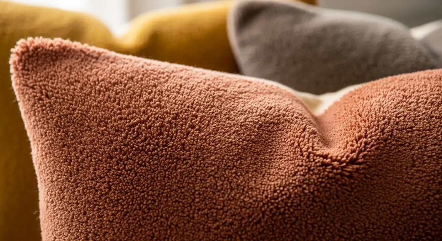 Primer plano de la textura rica y suave de un cojín de chenilla, una de las mejores telas para cojines decorativos por su confort.