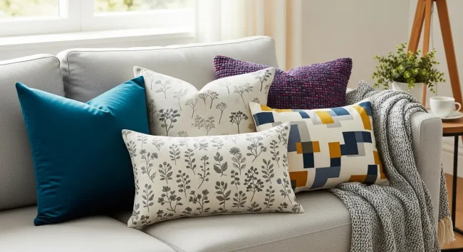 Sofá moderno renovado con una variedad de cojines decorativos hechos con las mejores telas, mostrando diferentes texturas y colores.