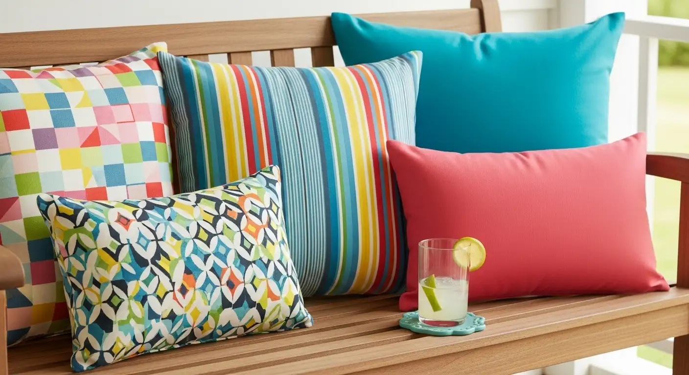Cojines hechos con telas de exterior resistentes y coloridas, ideales para zonas de alto tránsito tanto en interior como en exterior protegido.