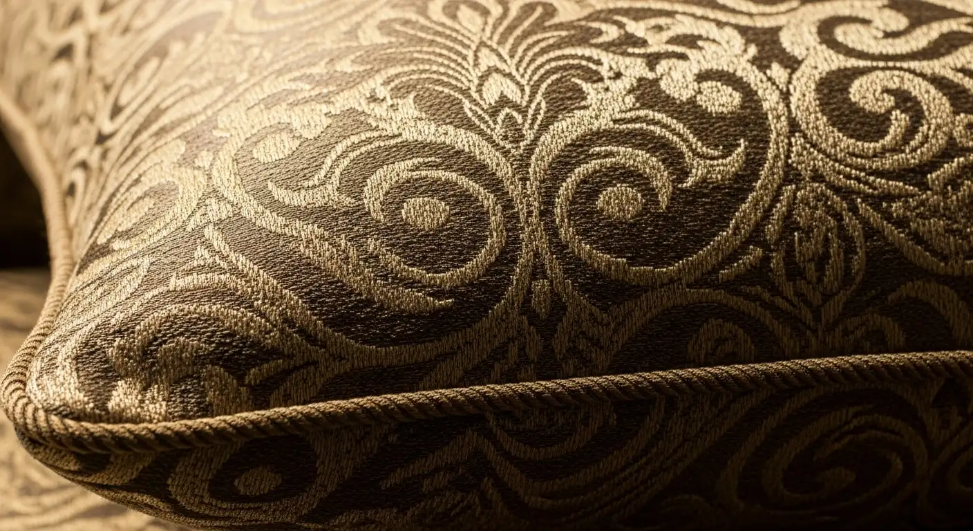 Cojín con un elegante y detallado patrón de Jacquard tejido, mostrando la riqueza y sofisticación de esta clase de tela para cojines.