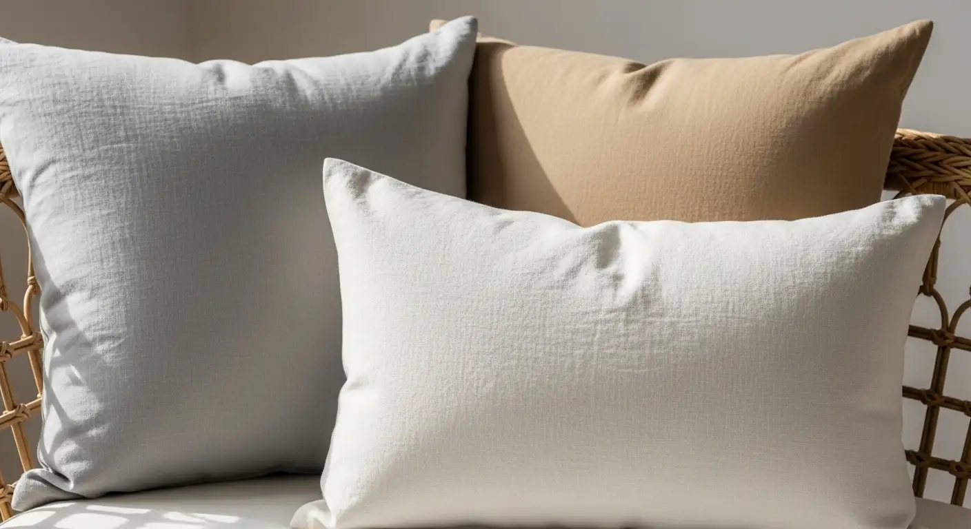 Cojines de lino en tonos neutros sobre un sofá, destacando su textura natural y elegante.