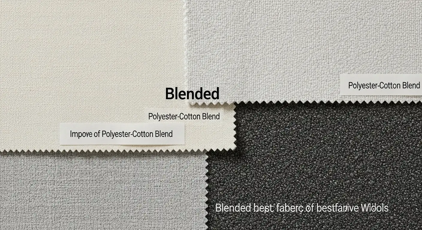 Muestras de diversas telas mezcladas, mostrando la versatilidad y los beneficios combinados de diferentes fibras para cojines decorativos.