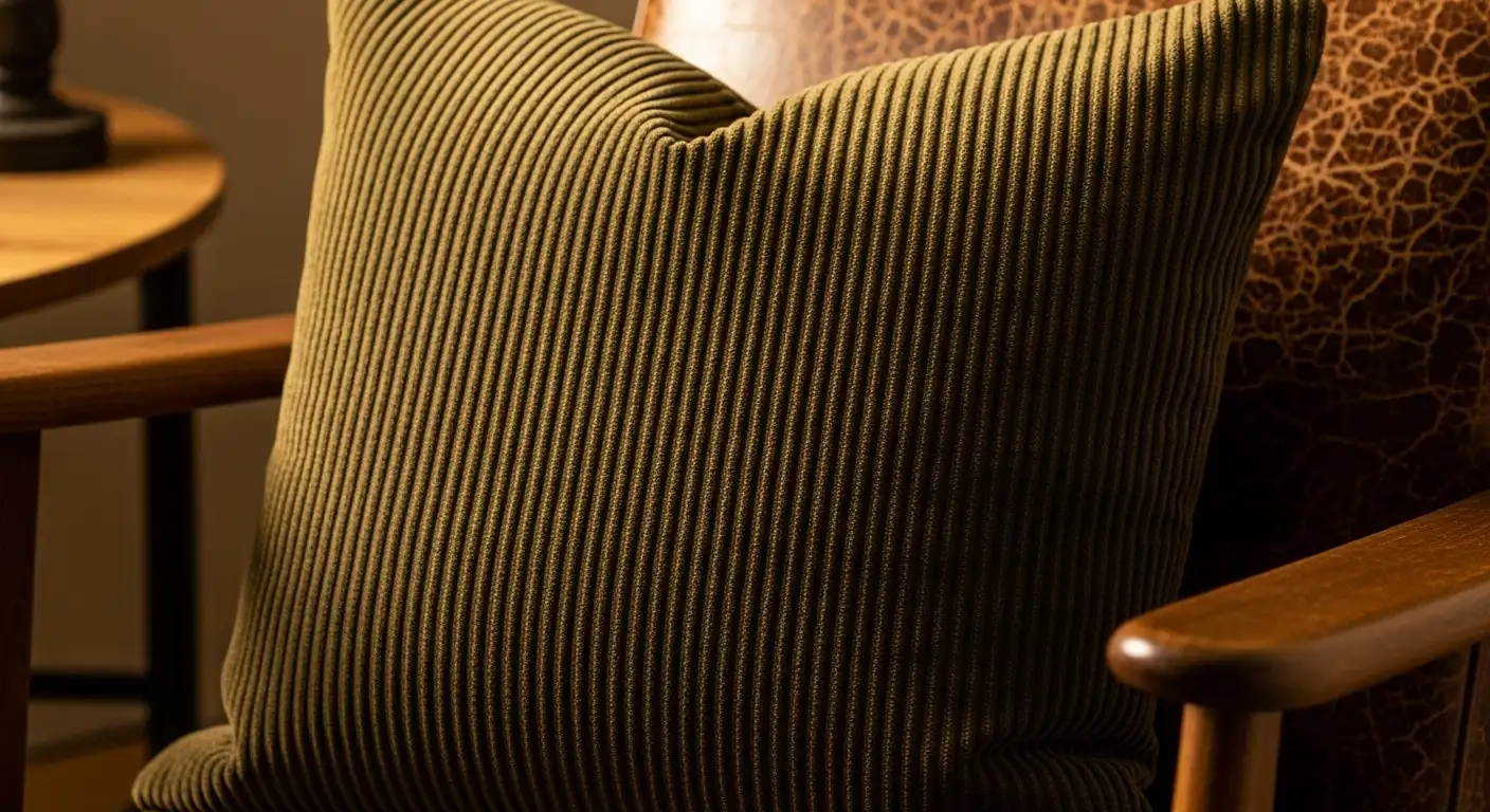 Cojín de pana con su característica textura acanalada, aportando un toque retro, confortable y duradero a la decoración.