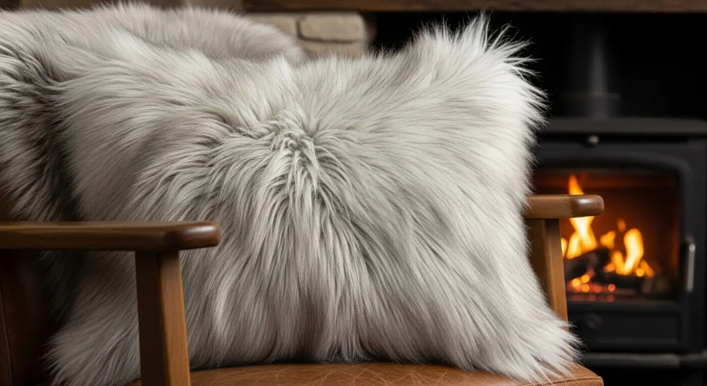 Cojín de piel sintética (faux fur) de pelo largo y suave, aportando textura y calidez a la decoración de un sofá.