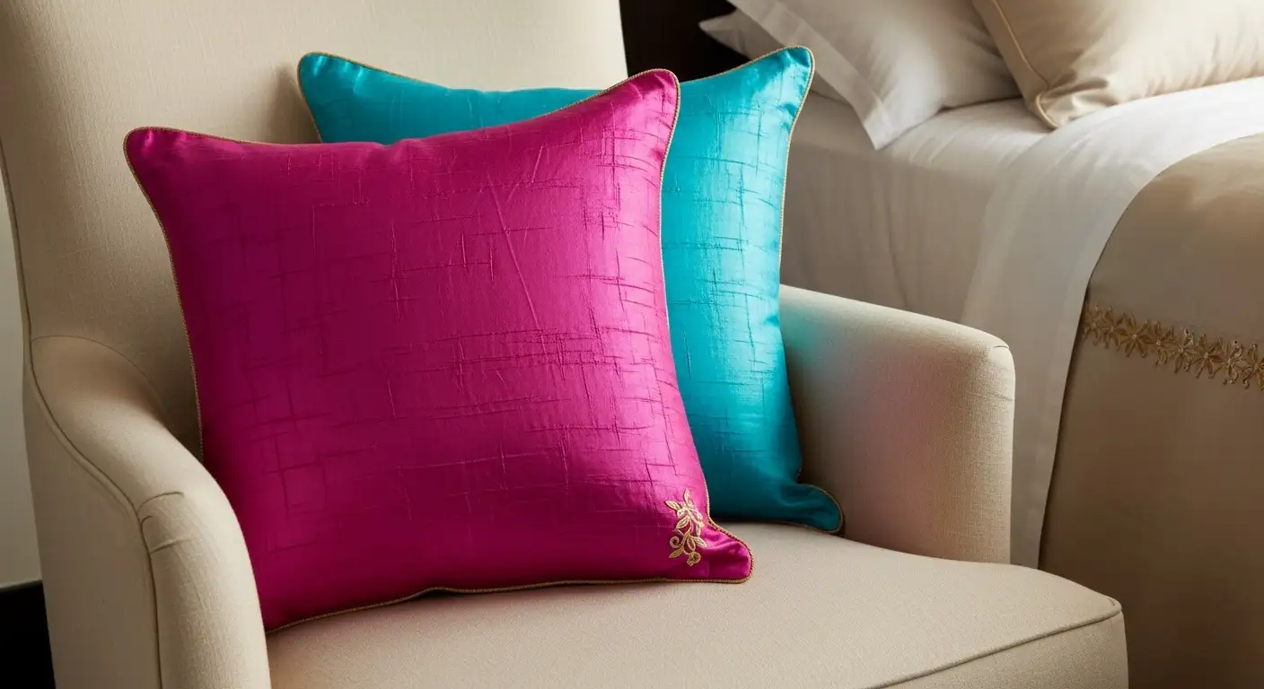 Elegante cojín de seda en un color rico, añadiendo un toque de lujo supremo a la decoración.