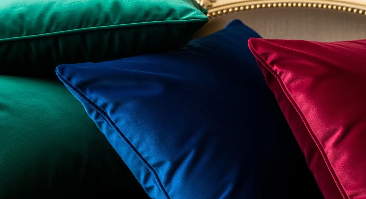 Cojines de terciopelo en colores intensos, aportando lujo y sofisticación al sofá.