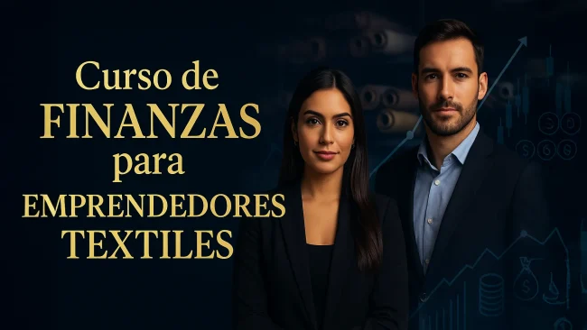 Miniatura premium 16:9 completa del Curso de Finanzas para Emprendedores Textiles con empresarios y tipografía dorada
