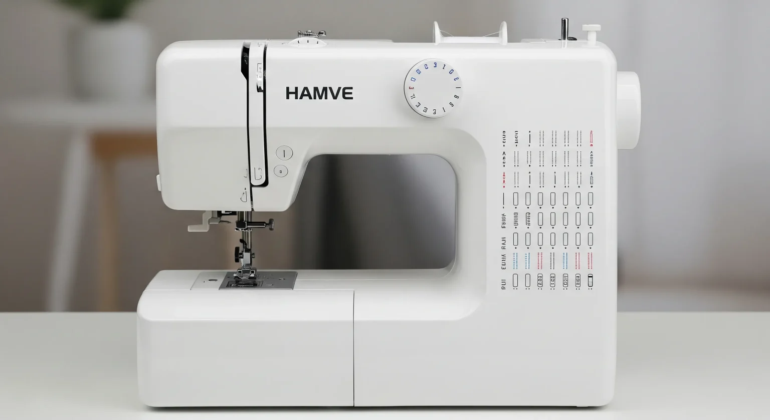 Diagrama de una máquina de coser doméstica moderna con sus partes fundamentales señaladas para principiantes.