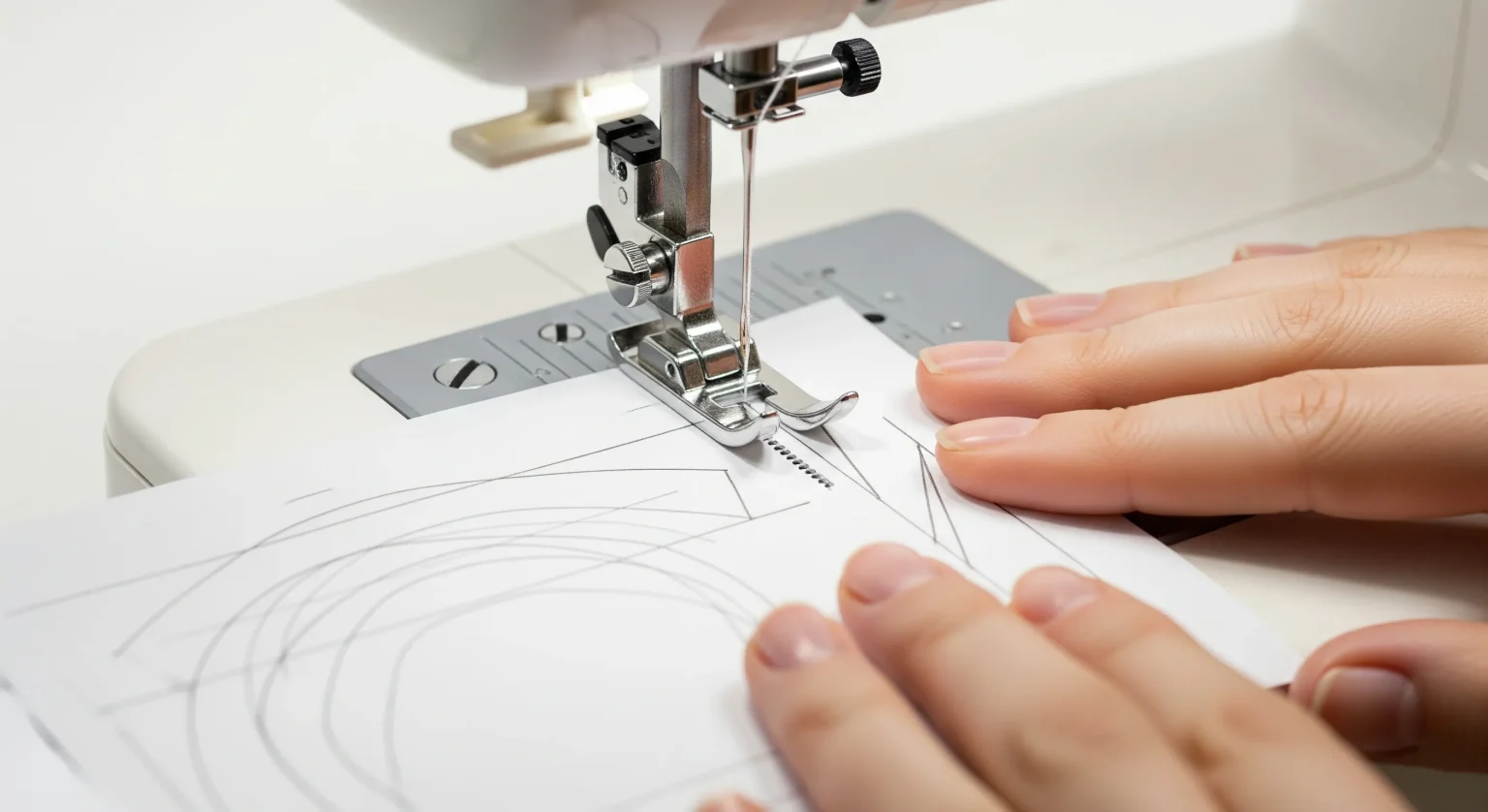 Máquina de coser perforando líneas dibujadas en papel sin hilo, ejercicio de práctica para principiantes.