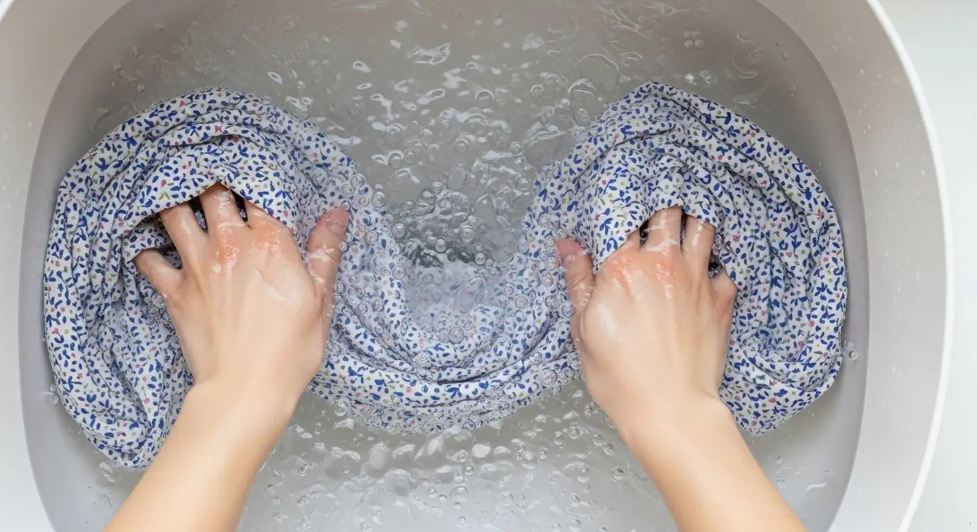 Persona leyendo la etiqueta de cuidado de una prenda antes de lavarla, como medida para evitar que la ropa encoja.