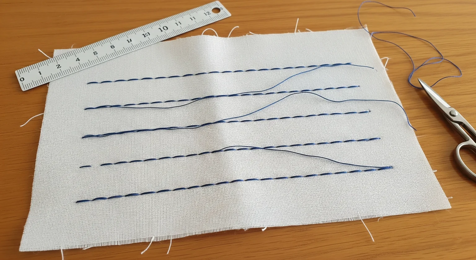 Retal de tela con múltiples líneas de costura recta practicadas a máquina, mostrando el progreso de un principiante.