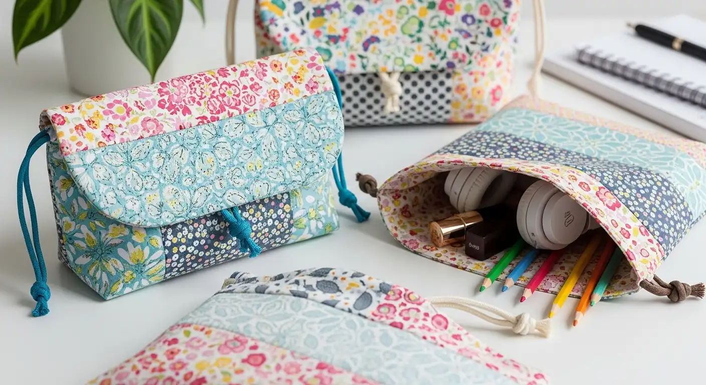 Pequeñas bolsitas de tela con cierre de cordón, hechas con coloridos retazos de tela, un práctico proyecto de costura.