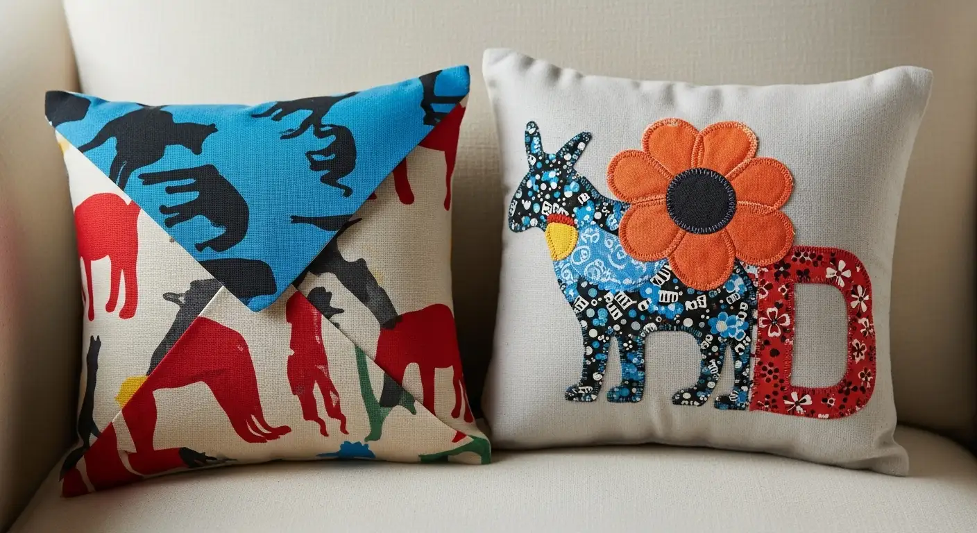 Cojín decorativo con una aplicación (appliqué) hecha con retazos de tela, o una funda de cojín hecha enteramente de patchwork, ejemplo de proyectos de costura con retazos.