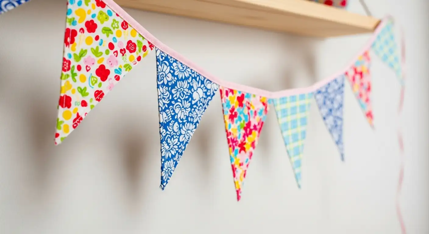 Alegre guirnalda de banderines triangulares hechos con diversos retazos de tela de colores y estampados, un proyecto de costura decorativo.