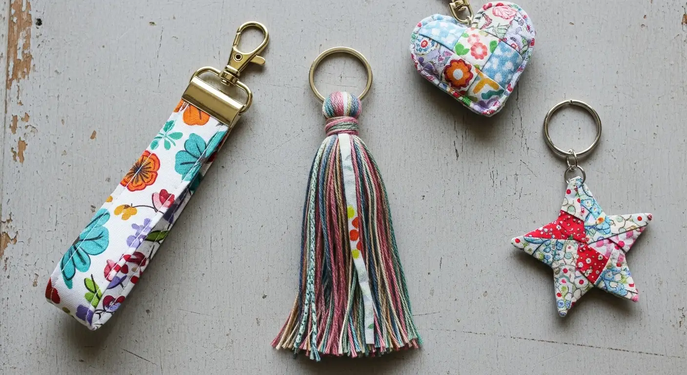 Varios llaveros de tela hechos con retazos coloridos, algunos con forma de pulsera y otros con borlas, ejemplos de proyectos de costura con retazos.