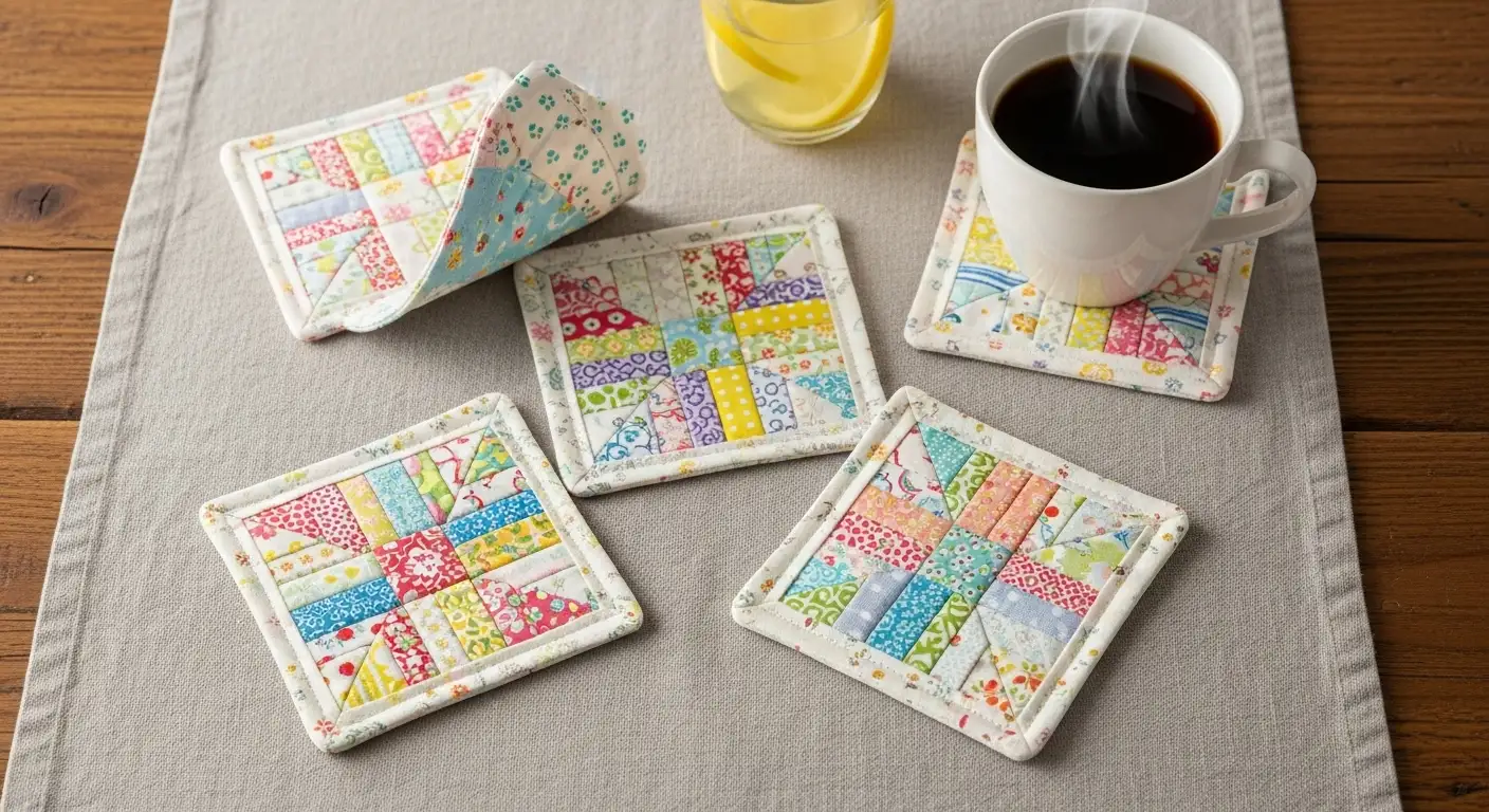Conjunto de coloridos posavasos de patchwork hechos con retazos de tela, un proyecto de costura fácil y útil.