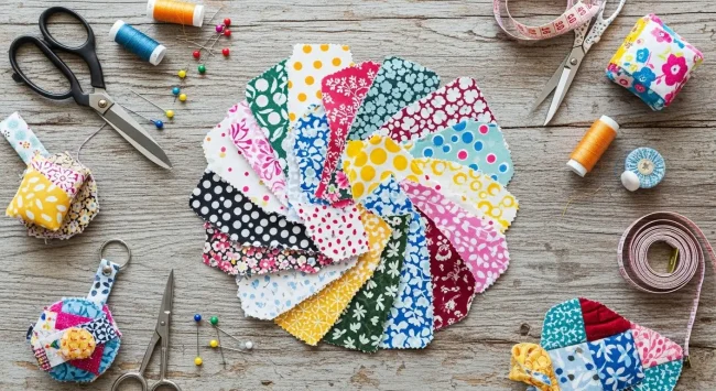 Colección colorida de retazos de tela y herramientas de costura, inspirando proyectos de costura con retazos fáciles y creativos.