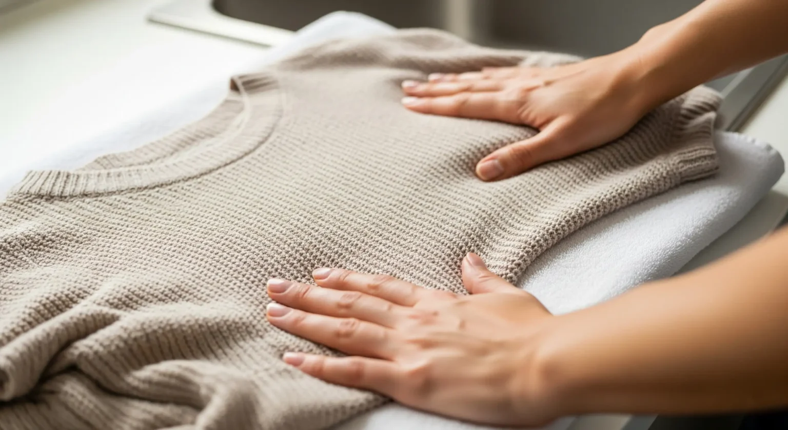 Manos estirando suavemente una prenda de punto húmeda sobre una toalla, intentando recuperar ropa encogida.